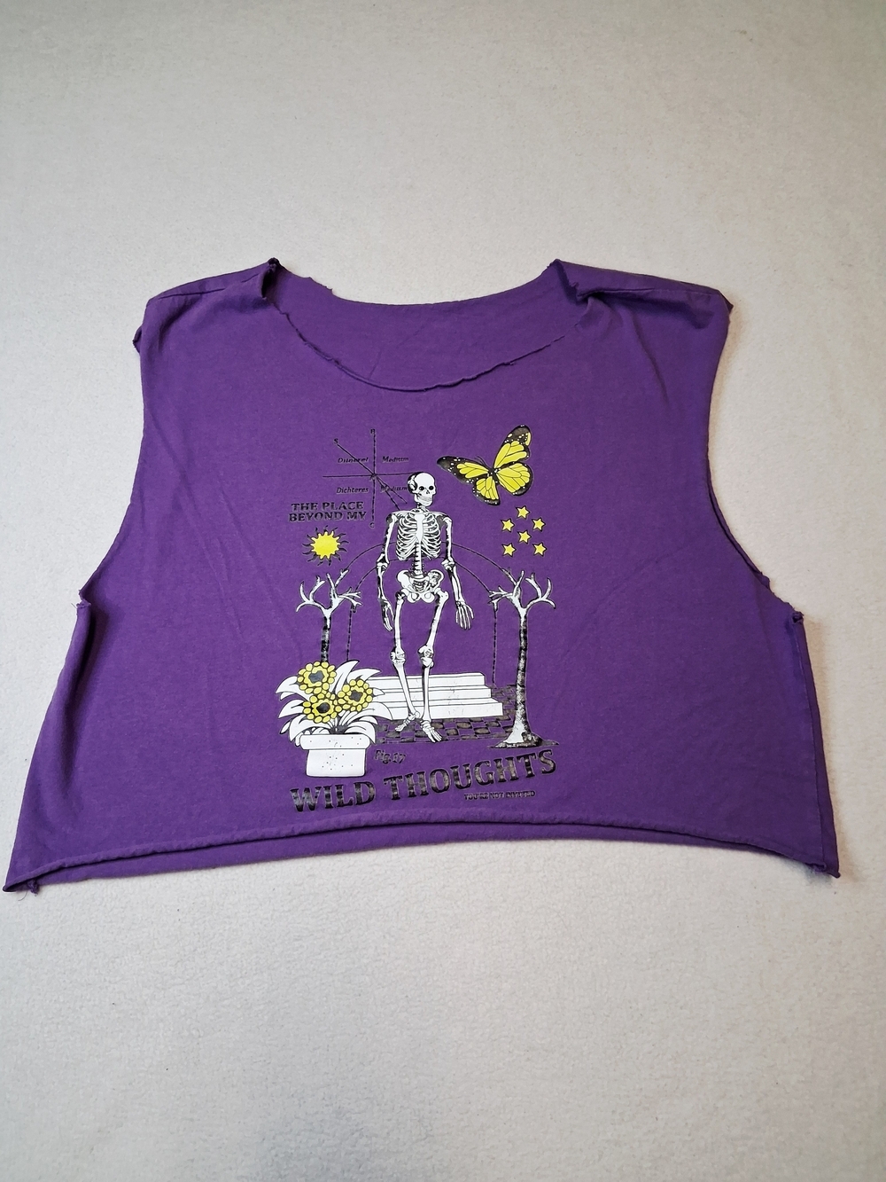 4/20$ Purple Cropped Graphic Tank Top with Skeleton & Butterfly